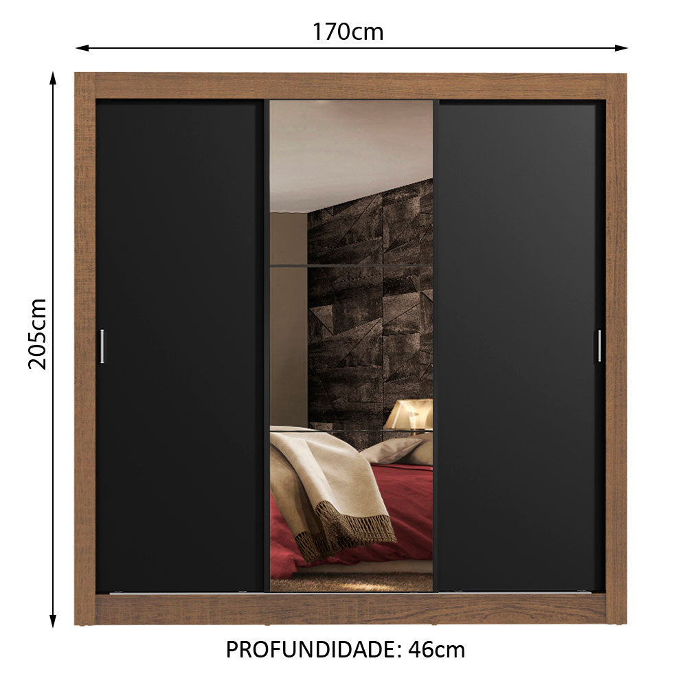 Clóset Matrimonial Lyon Plus 3 Puertas Correderas con Espejo 4 Cajones Marrón/Negro