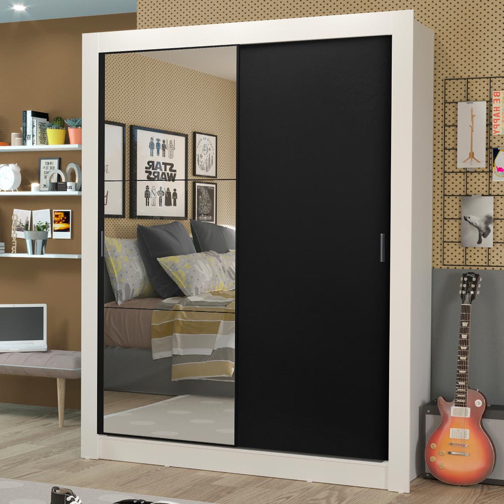 Clóset Soltero Dallas Plus 2 Puertas Correderas con Espejo 4 Cajones Blanco/Negro