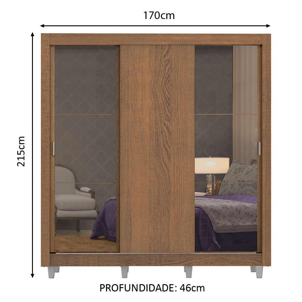 Clóset Matrimonial Lyon 3 Puertas Correderas con Espejos 2 Cajones con Patas Marrón