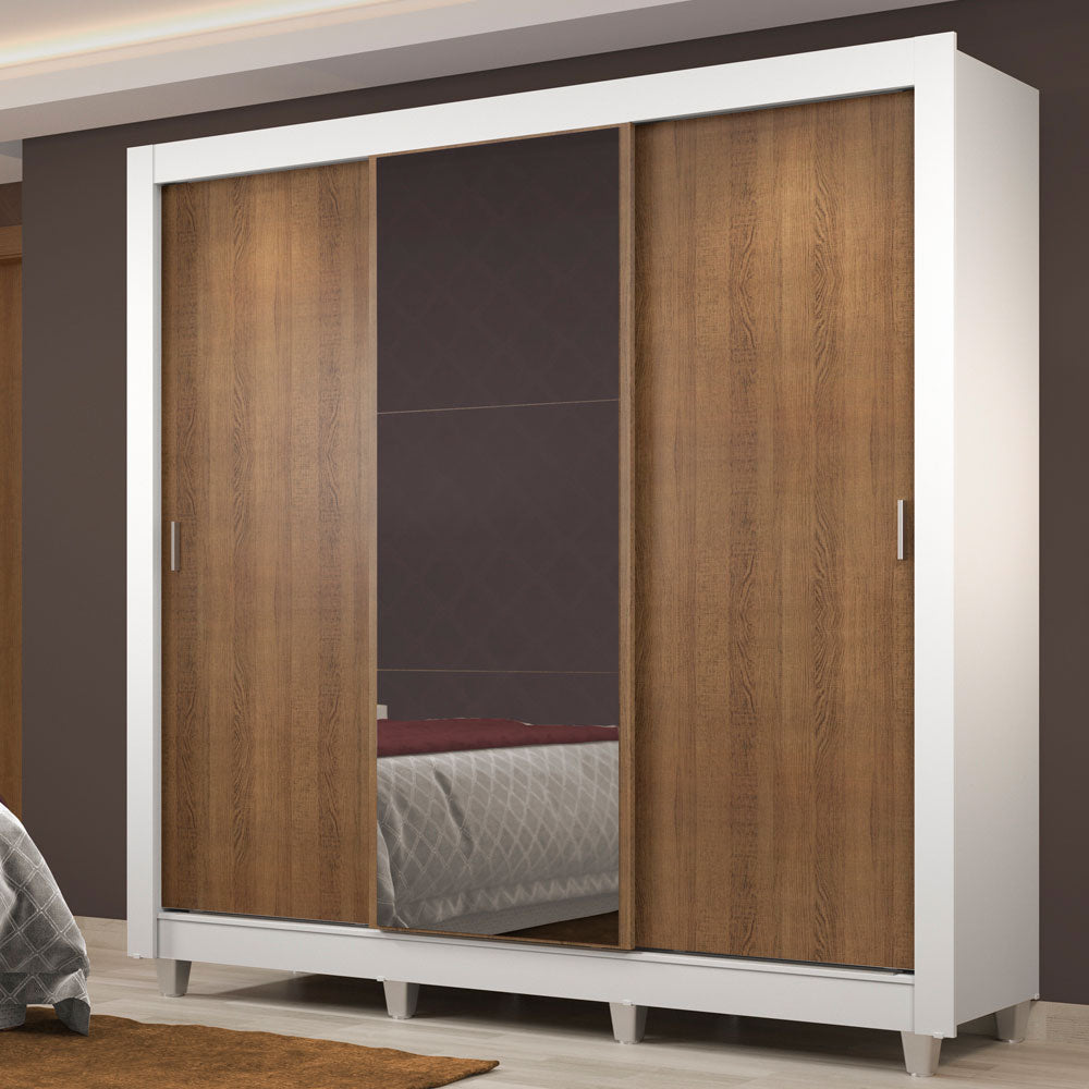 Clóset Matrimonial Lyon Plus 3 Puertas Correderas con Espejo 4 Cajones con Patas Blanco/Marrón