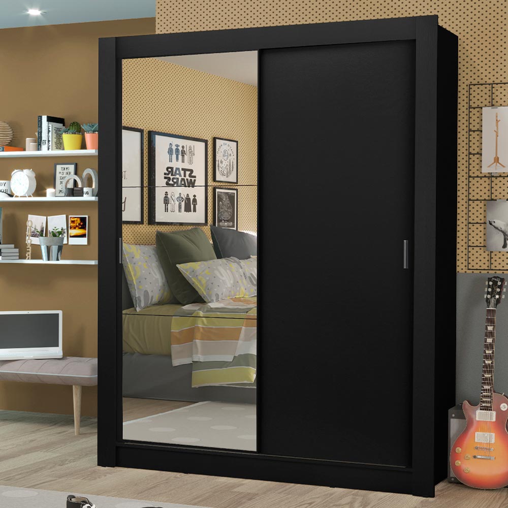 Clóset Soltero Dallas Plus 2 Puertas Correderas con Espejo 4 Cajones Negro