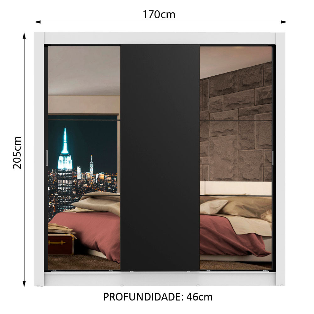 Clóset Matrimonial Lyon 3 Puertas Correderas con Espejos 2 Cajones Blanco/Negro