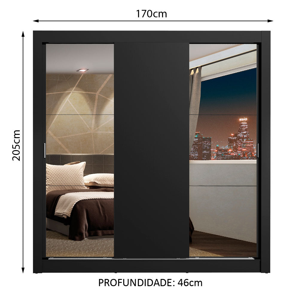 Clóset Matrimonial Lyon Plus 3 Puertas Correderas con Espejos 4 Cajones Negro