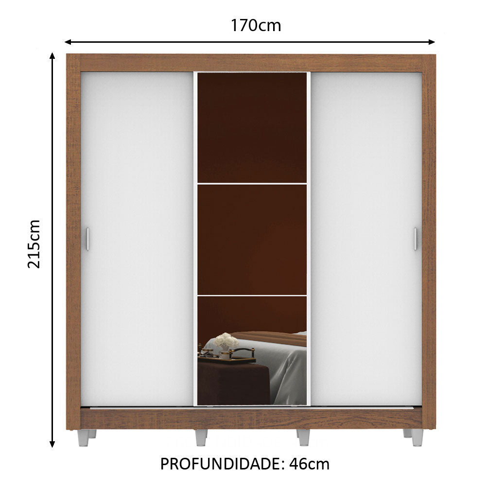 Clóset Matrimonial Mónaco 3 Puertas Correderas con Espejo con Patas Marrón/Blanco