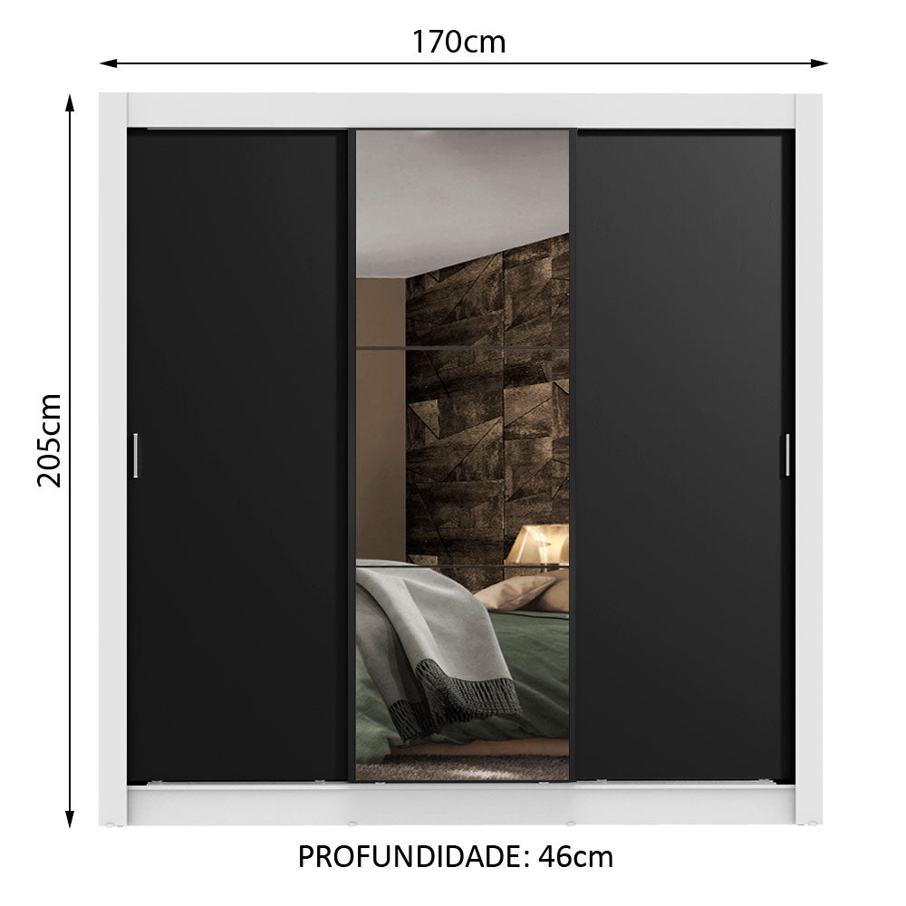 Clóset Matrimonial Lyon Plus 3 Puertas Correderas con Espejos 4 Cajones Blanco/Negro