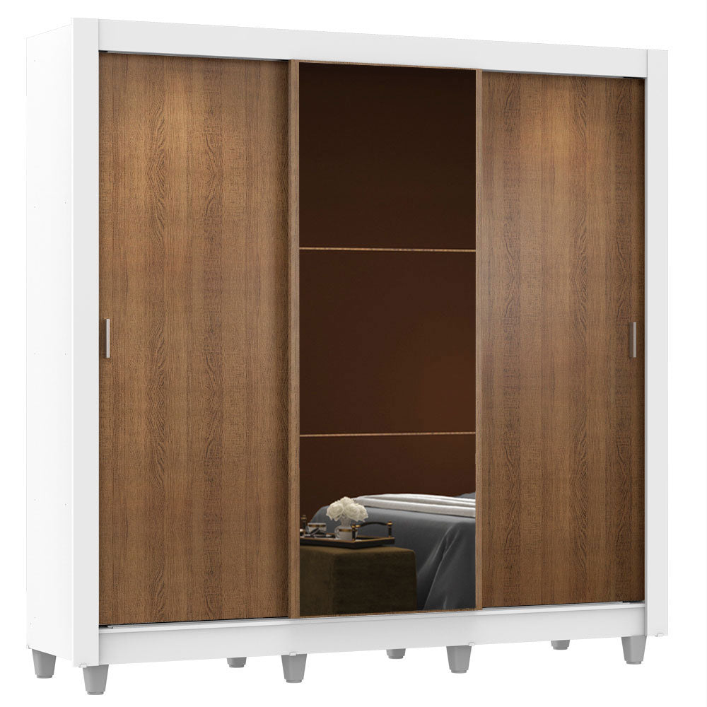Clóset Matrimonial Mónaco 3 Puertas Correderas con Espejo con Patas Blanco/Marrón