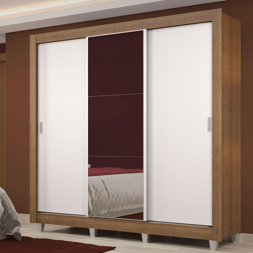 Clóset Matrimonial Lyon Plus 3 Puertas Correderas con Espejo 4 Cajones con Patas Marrón/Blanco