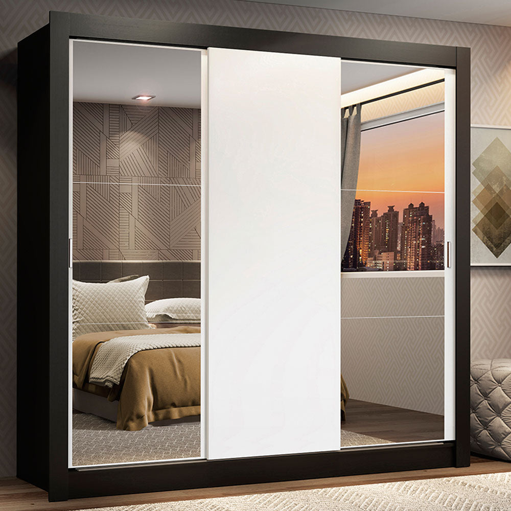 Clóset Matrimonial Lyon 3 Puertas Correderas con Espejos 2 Cajones Negro/Blanco