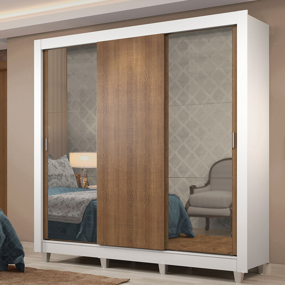 Clóset Matrimonial Lyon Plus 3 Puertas Correderas con Espejos 4 Cajones con Patas Blanco/Marrón