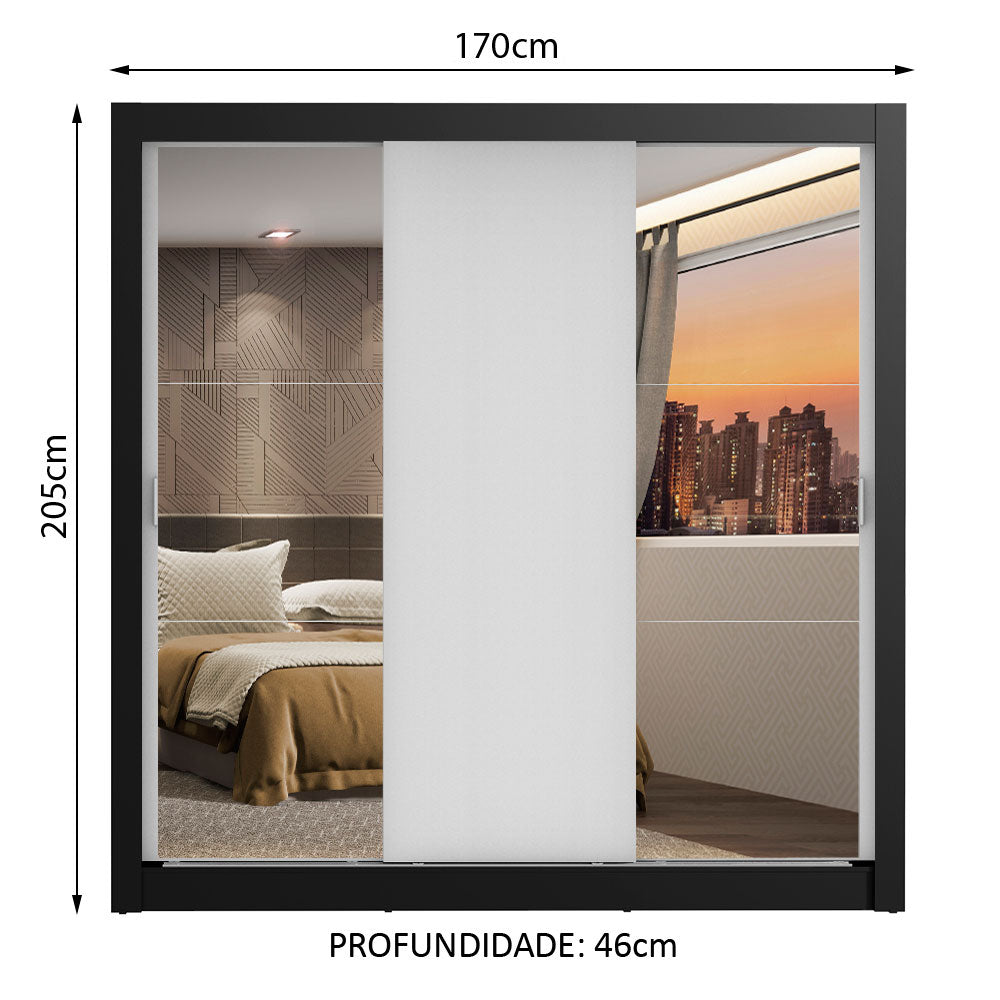 Clóset Matrimonial Lyon 3 Puertas Correderas con Espejos 2 Cajones Negro/Blanco