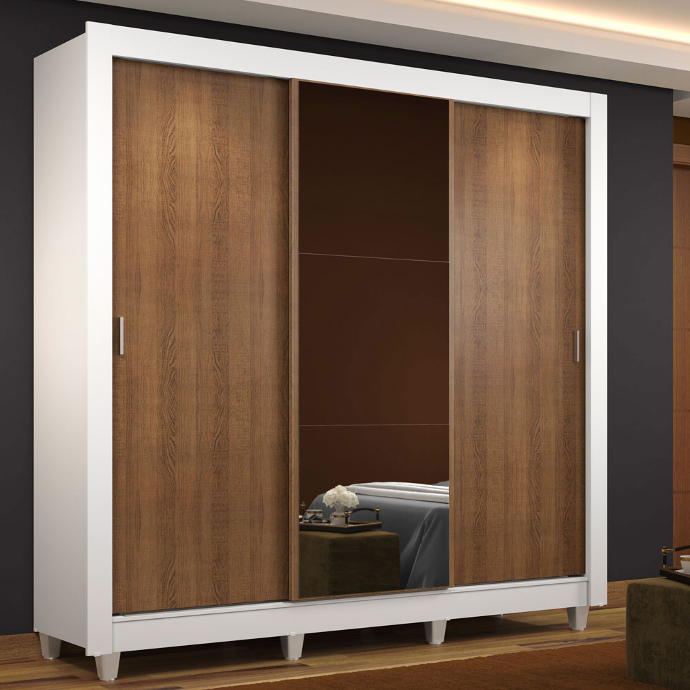 Clóset Matrimonial Mónaco 3 Puertas Correderas con Espejo con Patas Blanco/Marrón