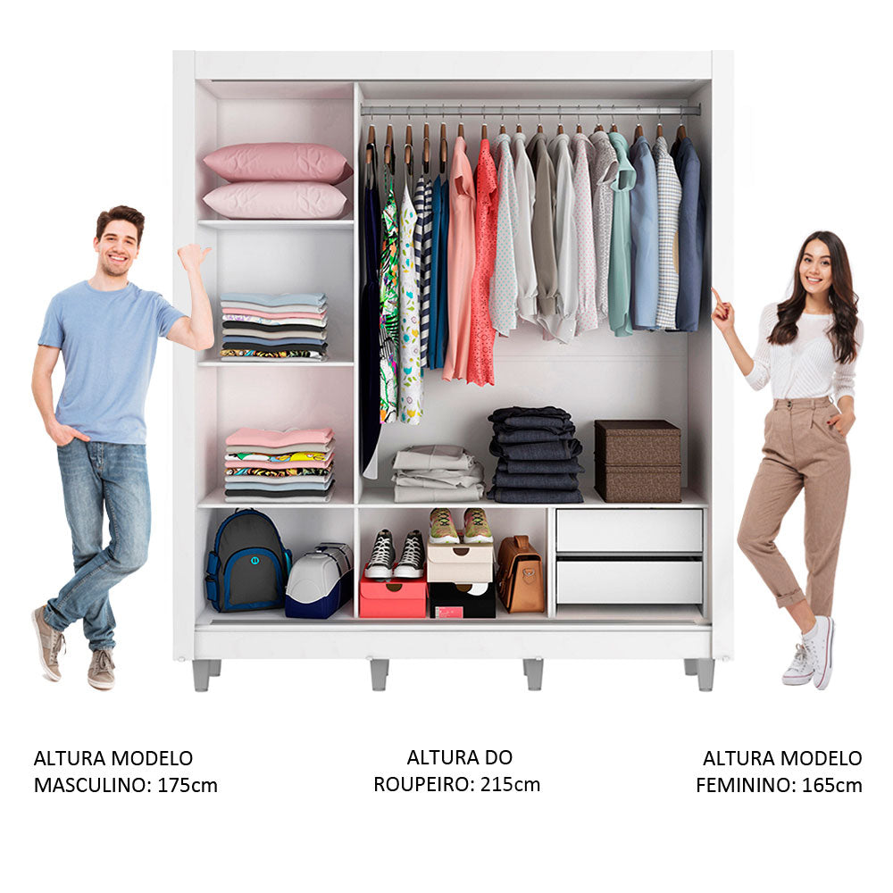 Clóset Matrimonial Lyon 3 Puertas Correderas con Espejos 2 Cajones con Patas Blanco