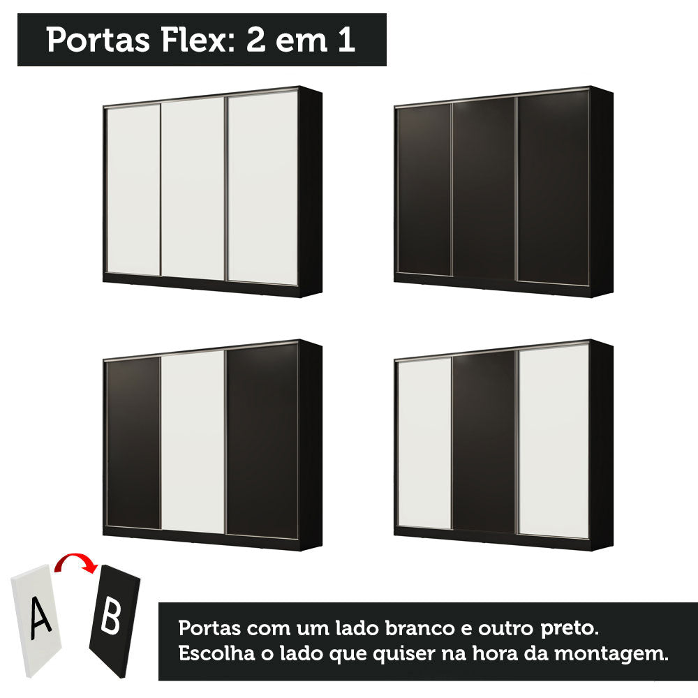 Clóset Matrimonial 100% MDF Royale 3 Puertas Corredizas Negro/Negro/Blanco