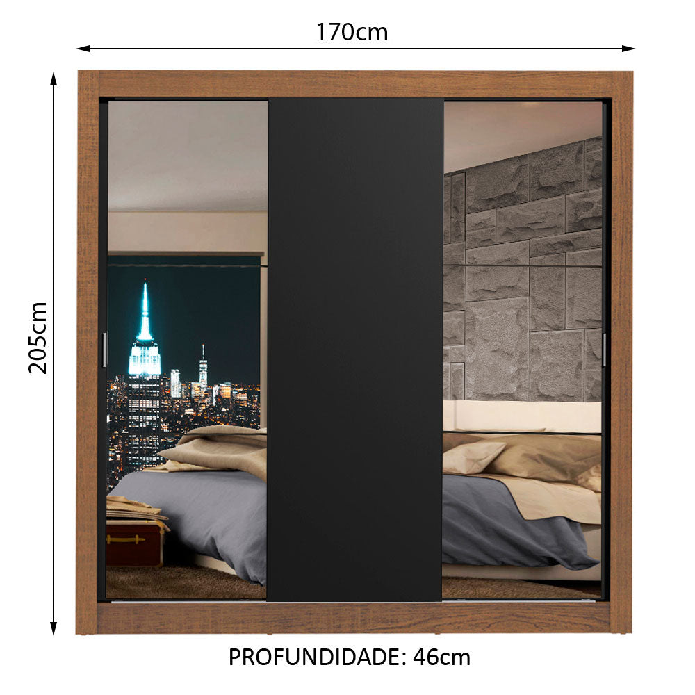 Clóset Matrimonial Lyon 3 Puertas Correderas con Espejos 2 Cajones Marrón/Negro