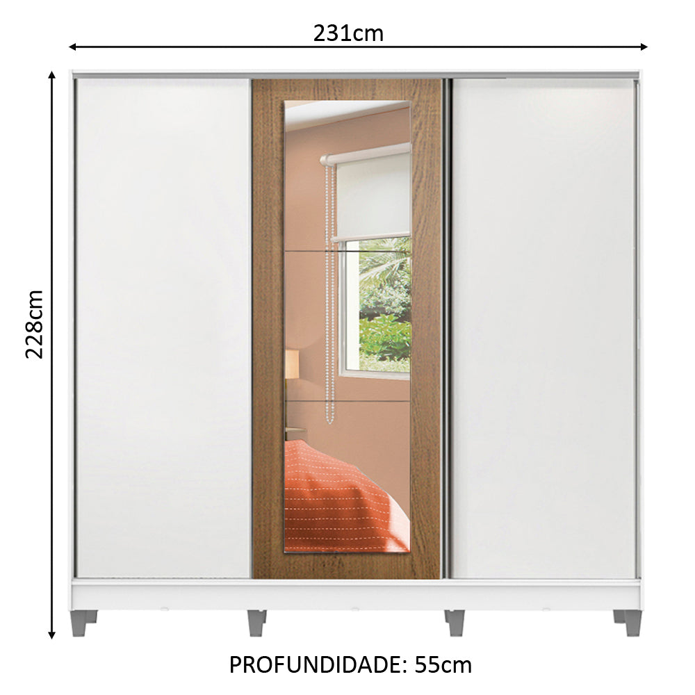 Clóset Matrimonial 100% MDF Eros 3 Puertas Correderas con Espejo con Patas Blanco/Blanco/Marrón