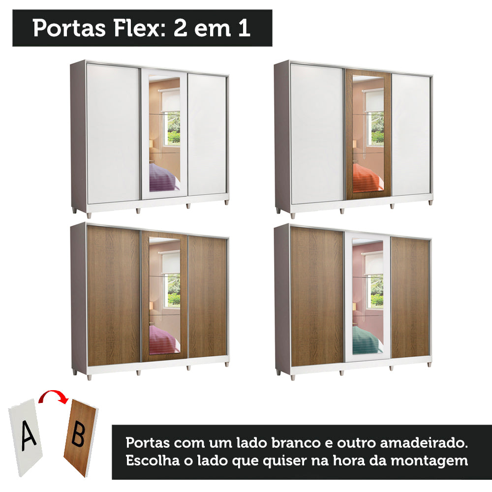 Clóset Matrimonial 100% MDF Eros 3 Puertas Correderas con Espejo con Patas Blanco/Blanco/Marrón