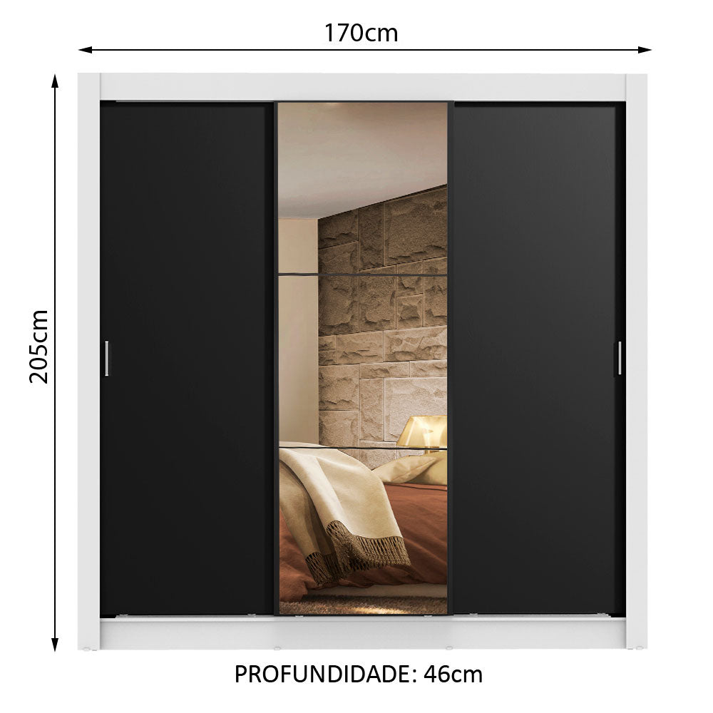 Clóset Matrimonial Lyon 3 Puertas Correderas con Espejo 2 Cajones Blanco/Negro