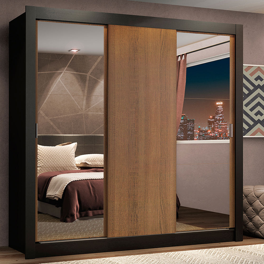 Clóset Matrimonial Lyon Plus 3 Puertas Correderas con Espejos 4 Cajones Marrón/Negro