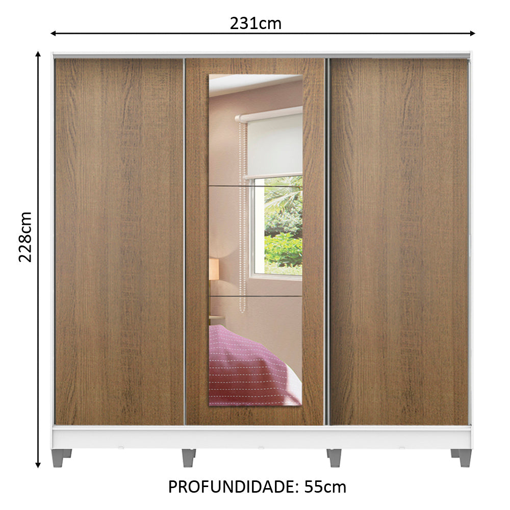 Clóset Matrimonial 100% MDF Eros 3 Puertas Correderas con Espejo con Patas Blanco/Marrón