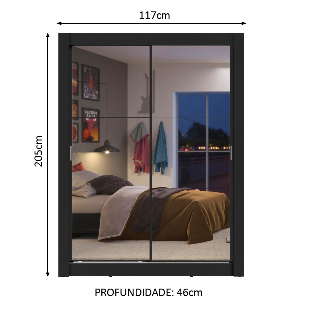 Clóset Soltero Dallas 2 Puertas Correderas de Espejo 2 Cajones Negro