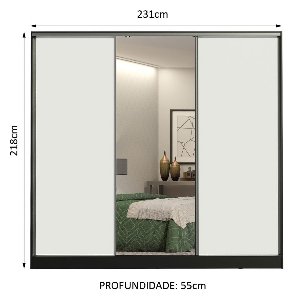 Clóset Matrimonial 100% MDF Royale 3 Puertas Corredizas con Espejo Negro/Blanco
