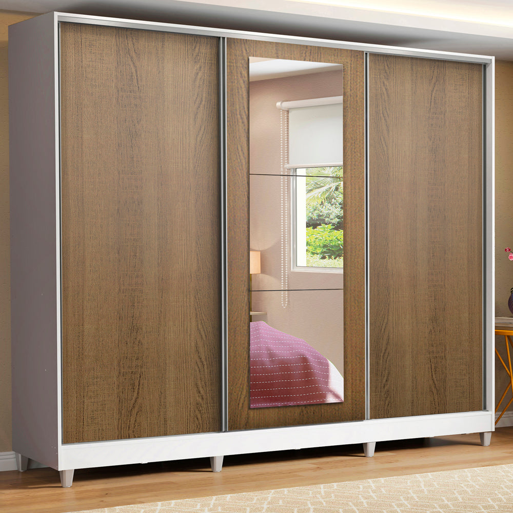 Clóset Matrimonial 100% MDF Eros 3 Puertas Correderas con Espejo con Patas Blanco/Marrón