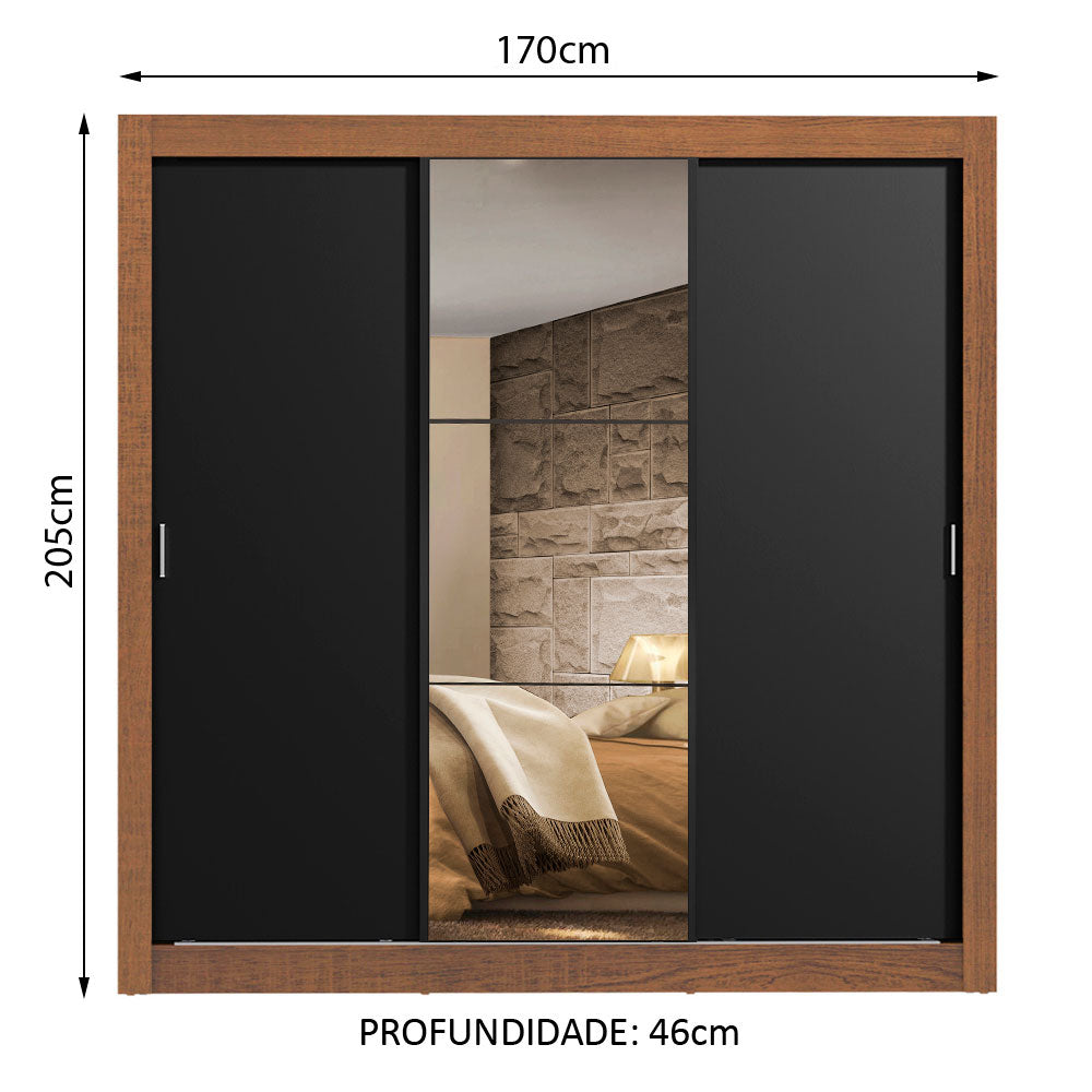 Clóset Matrimonial Lyon 3 Puertas Correderas con Espejo 2 Cajones Marrón/Negro
