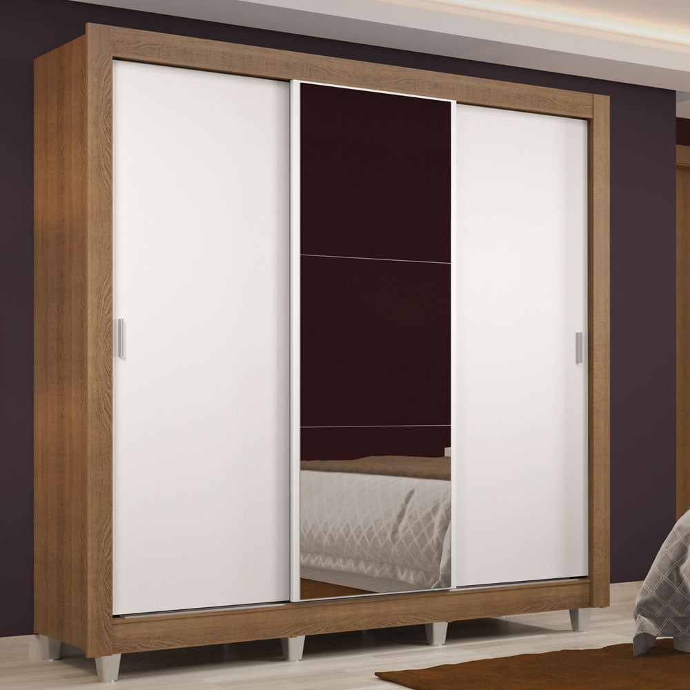 Clóset Matrimonial Lyon 3 Puertas Correderas con Espejo 2 Cajones con Patas Marrón/Blanco