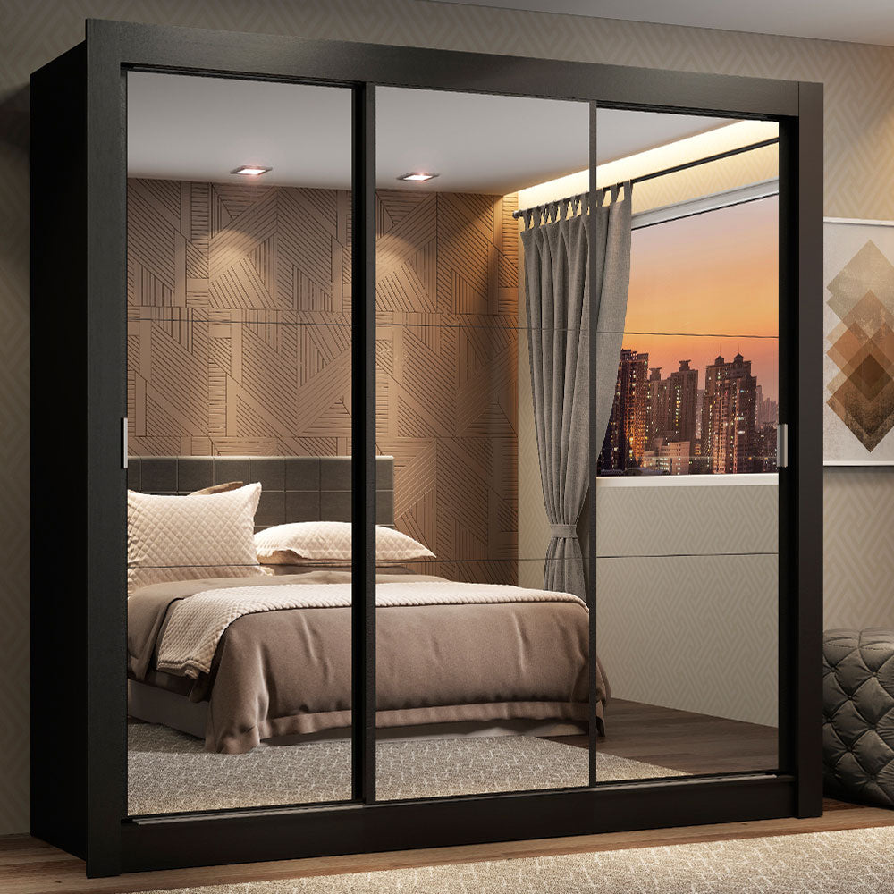 Clóset Matrimonial Lyon 3 Puertas Correderas con Espejo 2 Cajones Negro