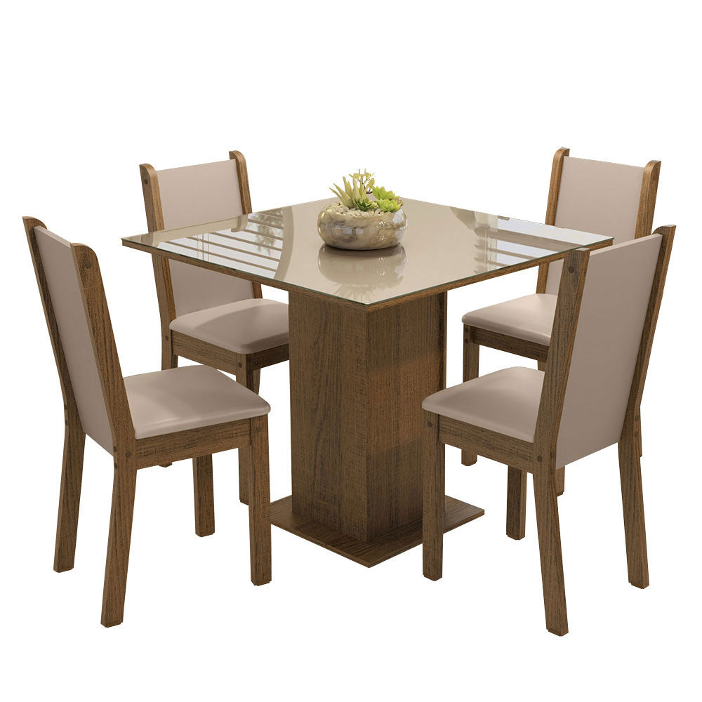 Juego de Comedor Mesa con Encimera de Vidrio 4 Sillas Marrón/Crema/Beige Tifani