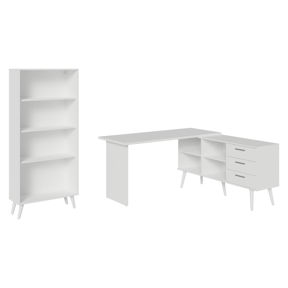 Kit 2 Piezas con Escritorio Esquinero 3 Cajones y Vitrina Multiuso Blanco