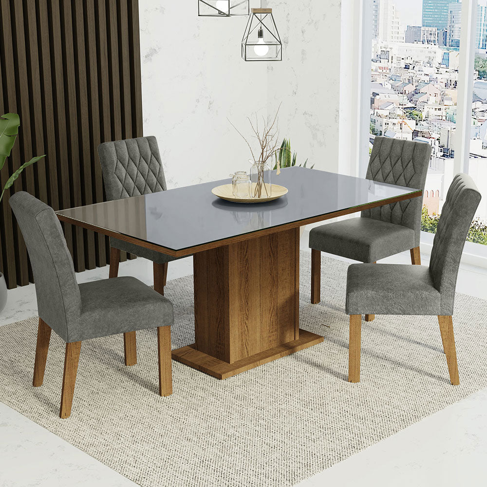 Juego de Comedor Mesa con Encimera de Vidrio 4 Sillas Marrón/Gris/Silver Marilia