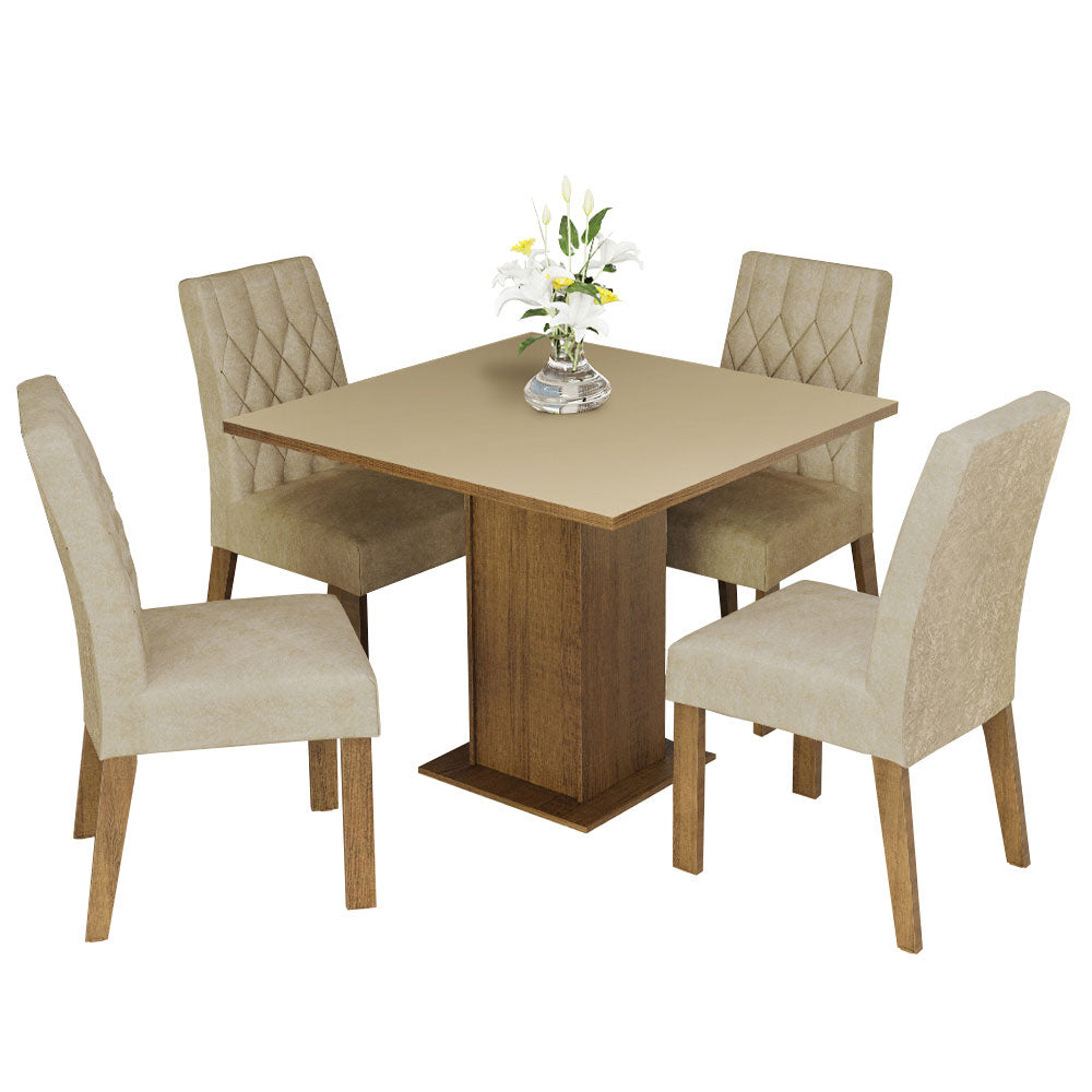 Juego de Comedor Mesa con Tablero de Madera 4 Sillas Livia Madesa - Marrón/Crema/Imperial