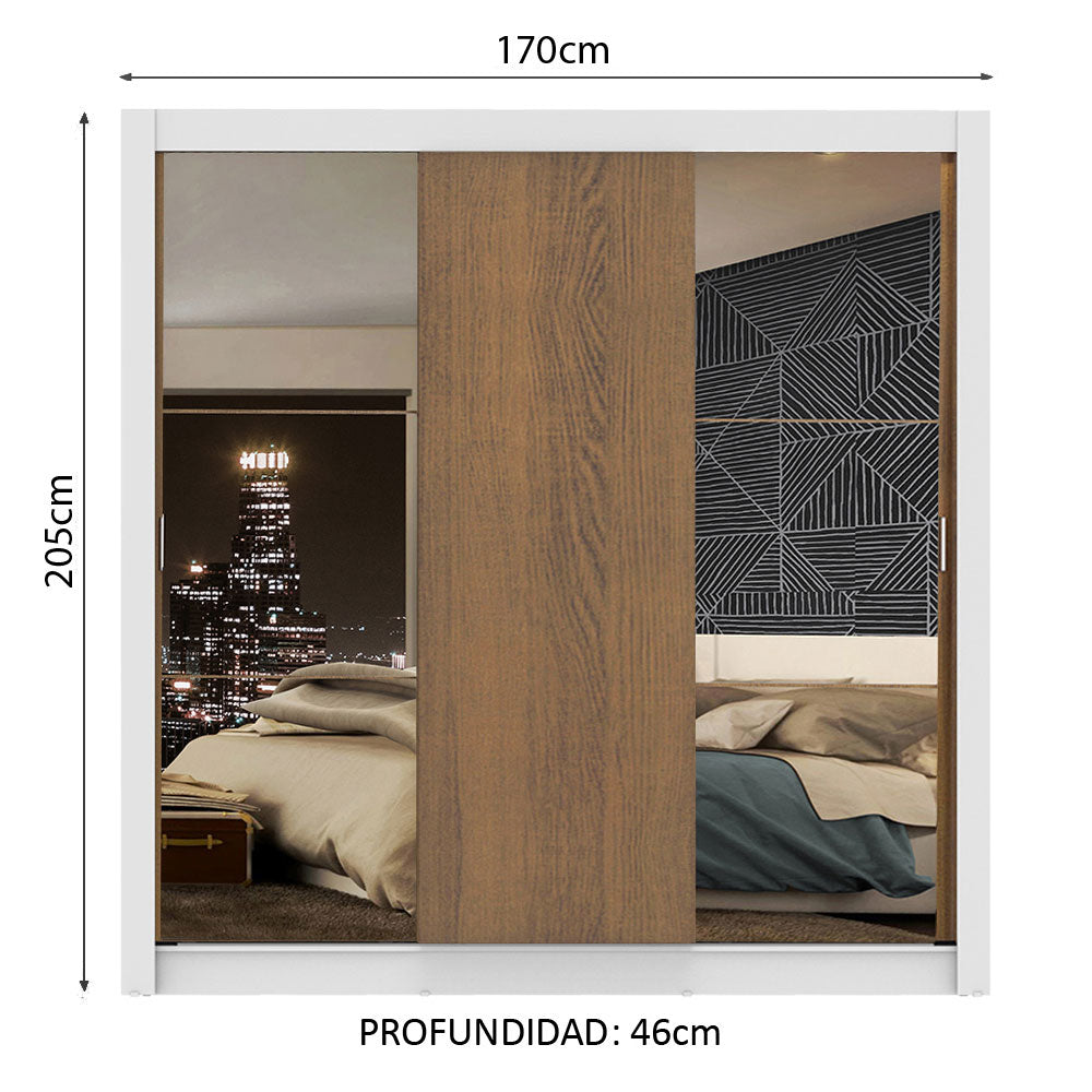 Ropero Doble Madesa Monaco 3 Puertas Correderas 2 con Espejo - Blanco/Marron