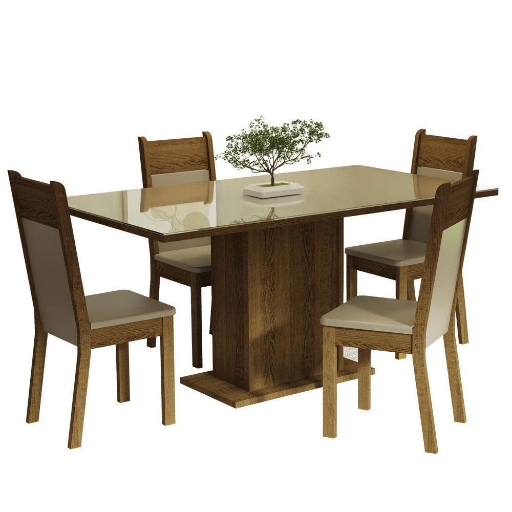Juego de Comedor Mesa con Tablero de Vidrio 4 Sillas Crema/Marrón/Beige Greta Madesa