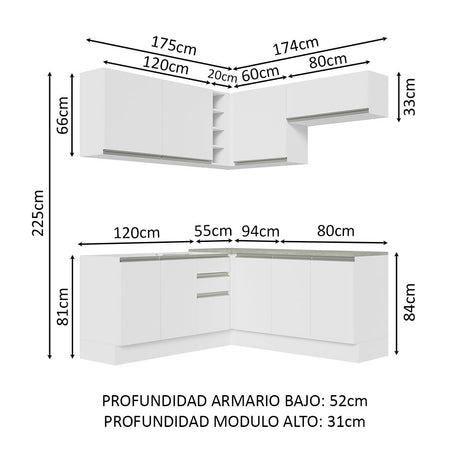 Cocina Integral Esquinera 349cm Blanco Glamy Madesa 03