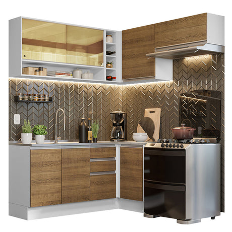 Cocina Integral Esquinera 349cm Blanco/Marrón Glamy Madesa 06