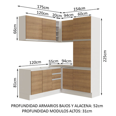 Cocina Integral Esquinera 329cm Blanco/Marrón Glamy Madesa 01