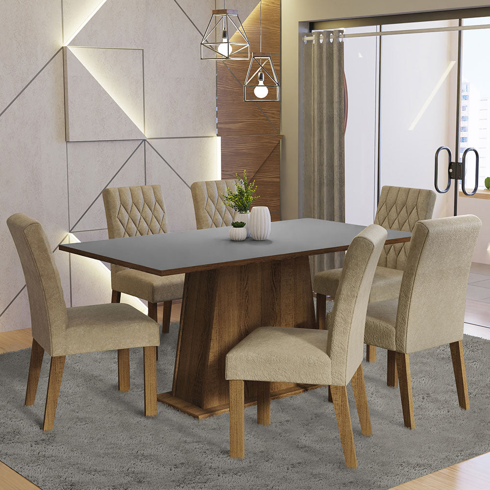 Juego de Comedor Mesa Tapa Madera 6 Sillas Britney Madesa - Marrón/Gris/Imperial