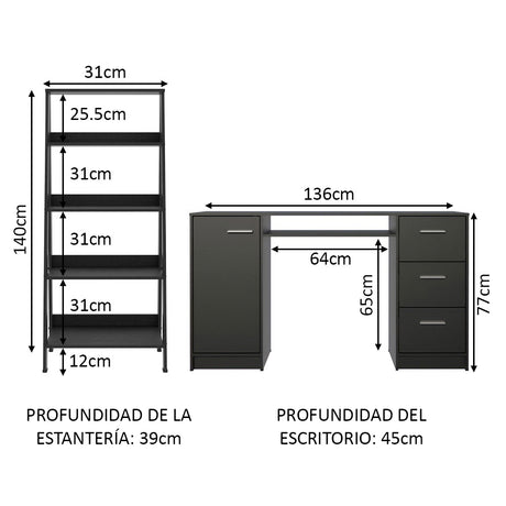 Escritório Alaska + Estante Librero Negro Madesa