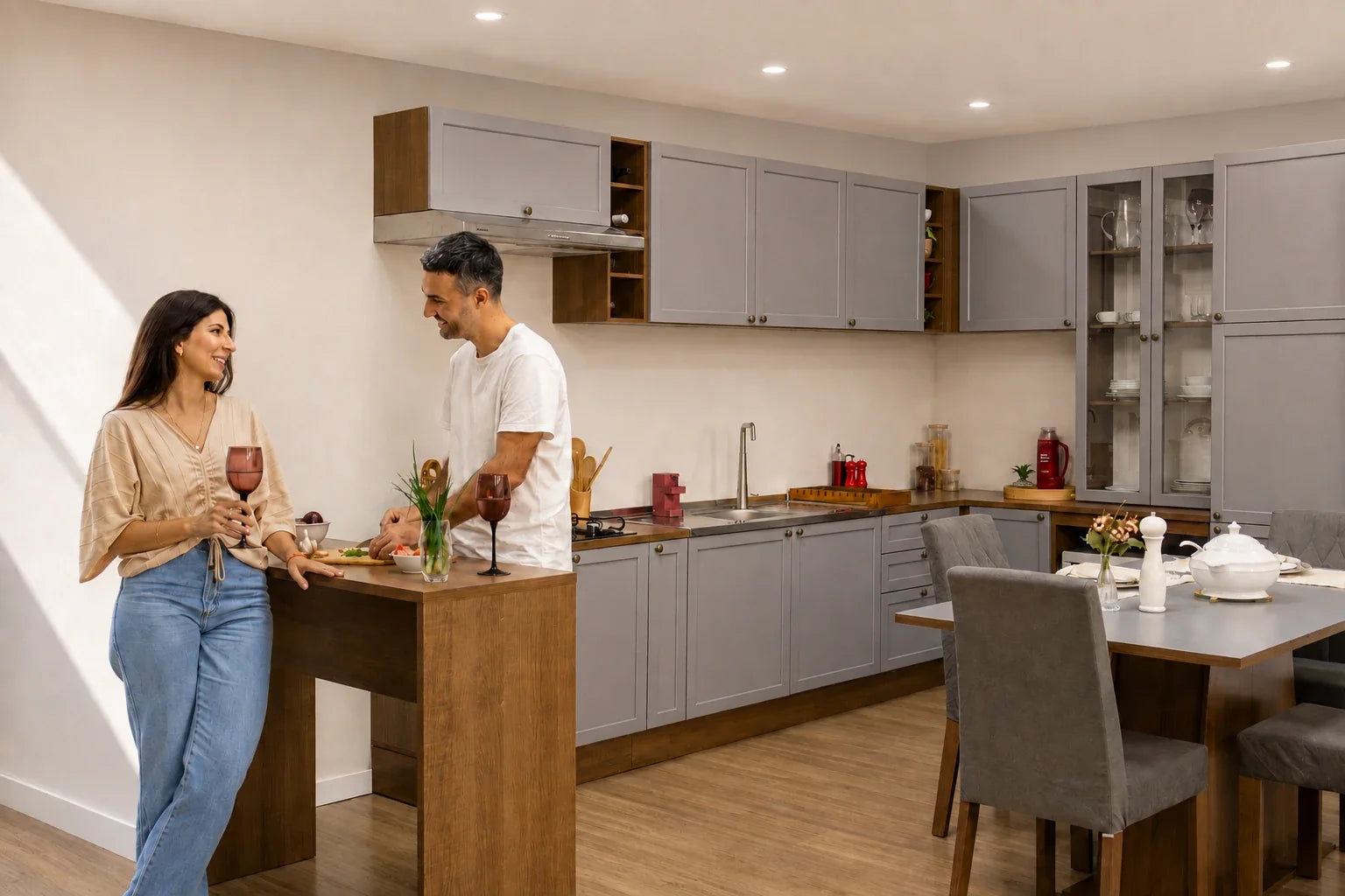 Pareja renovando su cocina línea Vik Madesa en gris, ejemplo de cómo aprovechar las rebajas de muebles