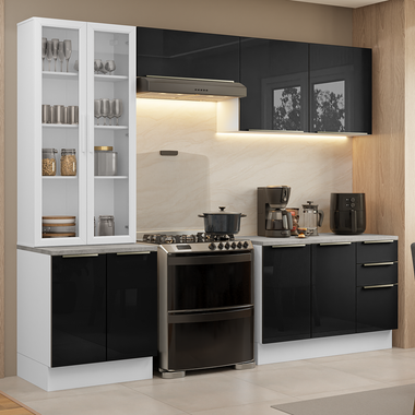 Cocina Integral 270 cm Con Vitrina Blanco/Negro Lux Madesa