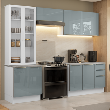 Cocina Integral 270 cm Con Vitrina Blanco/Gris Lux Madesa