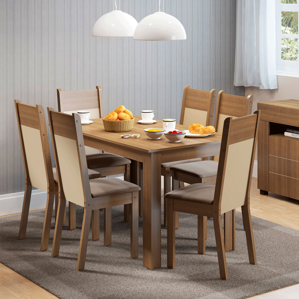 Conjunto de Comedor 6 Sillas Marrón/Crema Honduras Madesa
