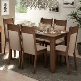 Juego de Comedor Madesa Jaíne Mesa de Madera + 6 Sillas Color Marrón/Crema Tapizadas en Tela Sintética Beige