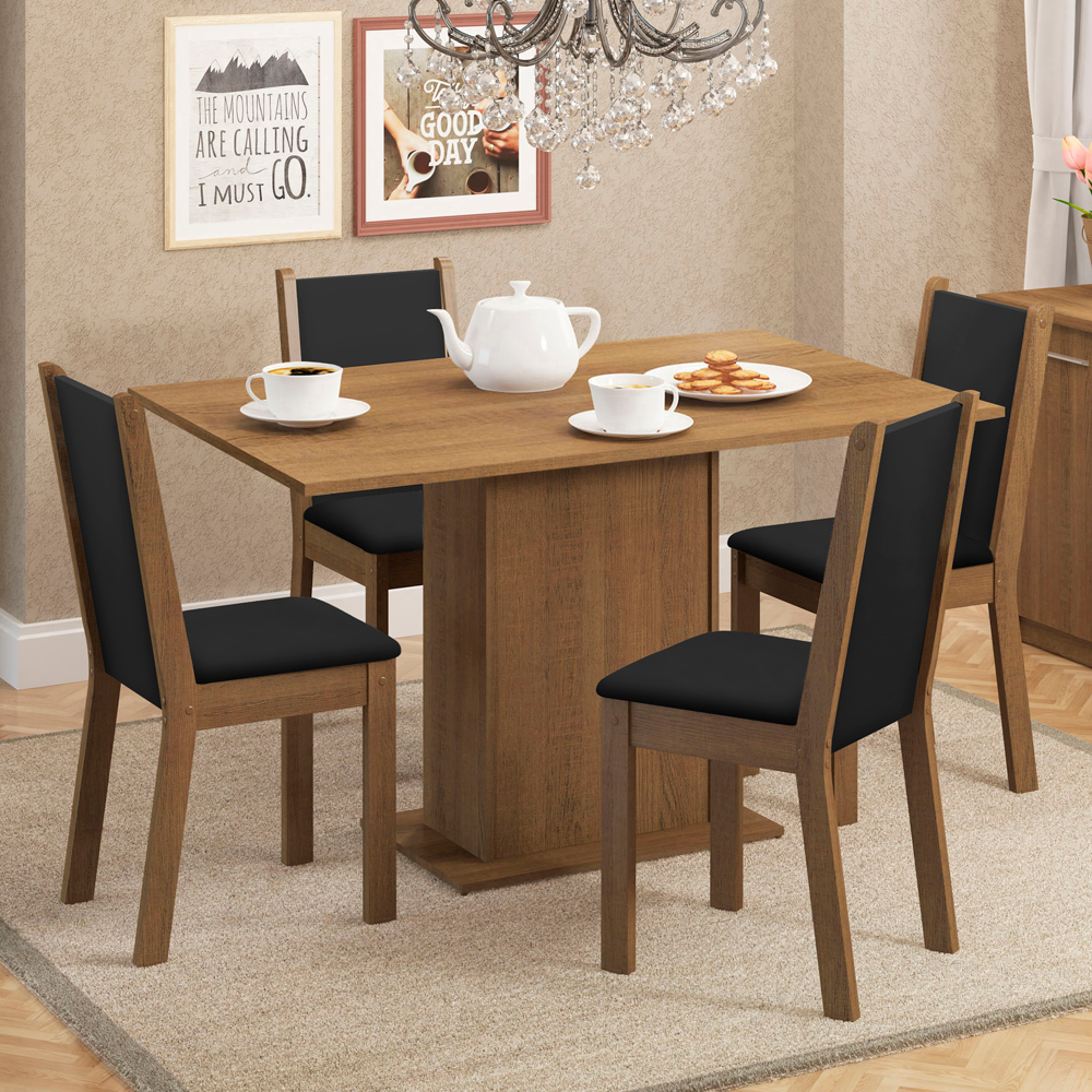 Juego de Comedor Madesa Mesa de Madera + 4 Sillas Color Marrón/Negro Tapizadas en Tela Sintética Negra Talita