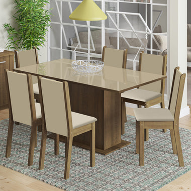 Conjunto de Comedor con Encimera Vidrio 6 Sillas Marrón/Crema/Sintético Moscou Madesa