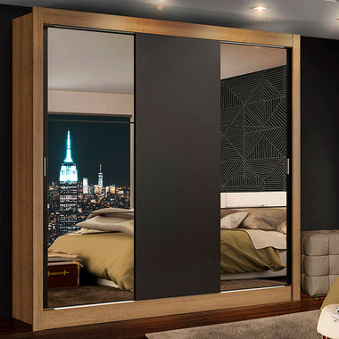 Clóset Matrimonial 170 cm 3 Puertas Corredizas Con 2 Espejos Marrón/Negro Monaco Madesa