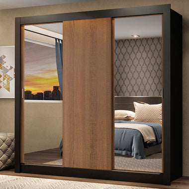 Clóset Matrimonial 170 cm 3 Puertas Corredizas Con 2 Espejos Negro/Marrón Monaco Madesa