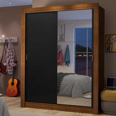 Clóset Soltero 117 cm 2 Puertas Corredizas Con 1 Espejo 2 Cajones Marrón/Negro Dallas Madesa